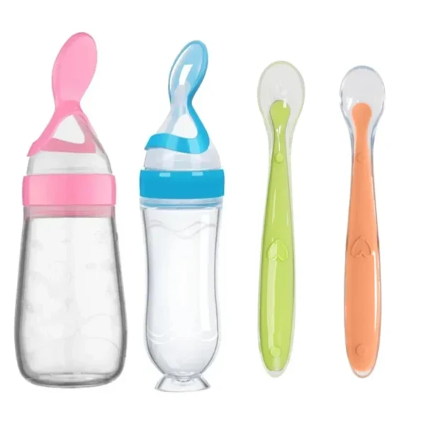 Baby Feeding Bottle with Soft Spoon Set Children Milk Bottle Baby Soft Silicone Spoons Toddler Complementary Food Feeding Tool