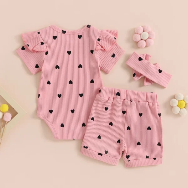 Pudcoco Infant Baby Girl Summer Outfit Heart Rib Knit Short Fly Sleeve Romper Elastic Waist Shorts Headband 3Pcs Clothes 0-18M - Image 3