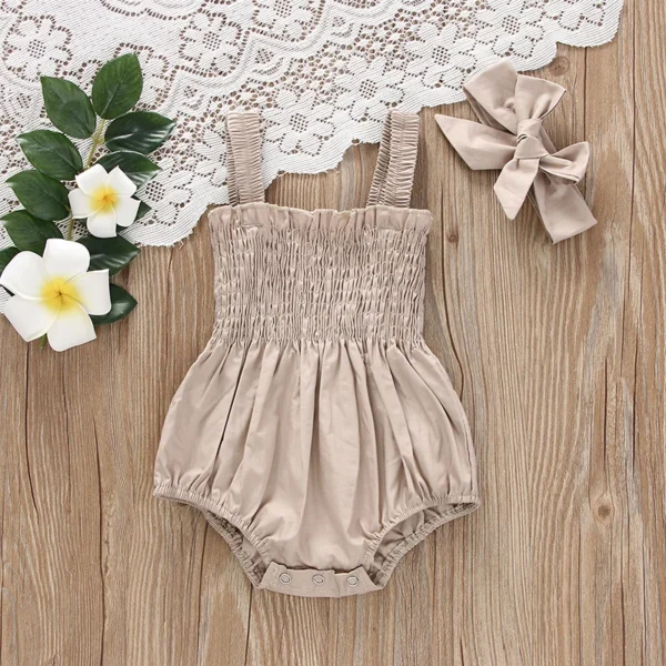 Infant Baby Girl Romper Clothes Ruched Casual Sleeveless Newborn Bodysuit with Headband Summer Jumpsuit Cute Toddler Outfit Suit - Image 2