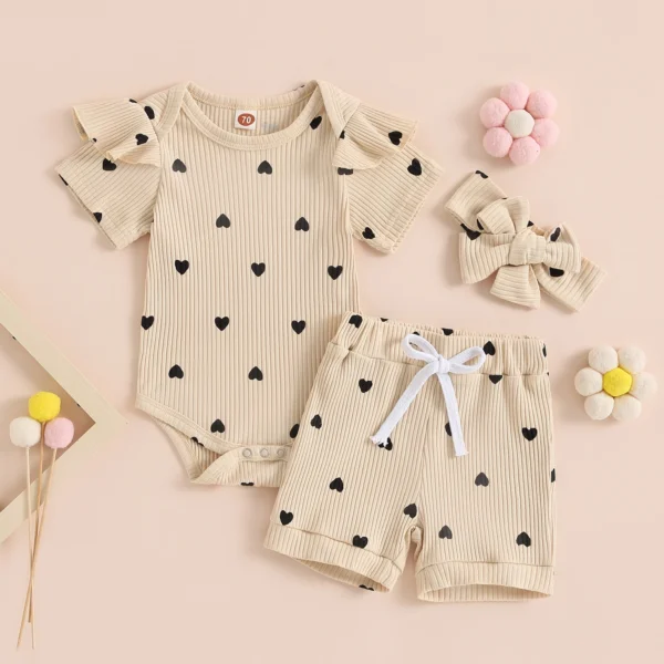 Pudcoco Infant Baby Girl Summer Outfit Heart Rib Knit Short Fly Sleeve Romper Elastic Waist Shorts Headband 3Pcs Clothes 0-18M - Image 4