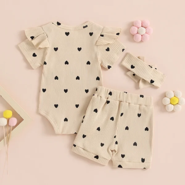 Pudcoco Infant Baby Girl Summer Outfit Heart Rib Knit Short Fly Sleeve Romper Elastic Waist Shorts Headband 3Pcs Clothes 0-18M - Image 5