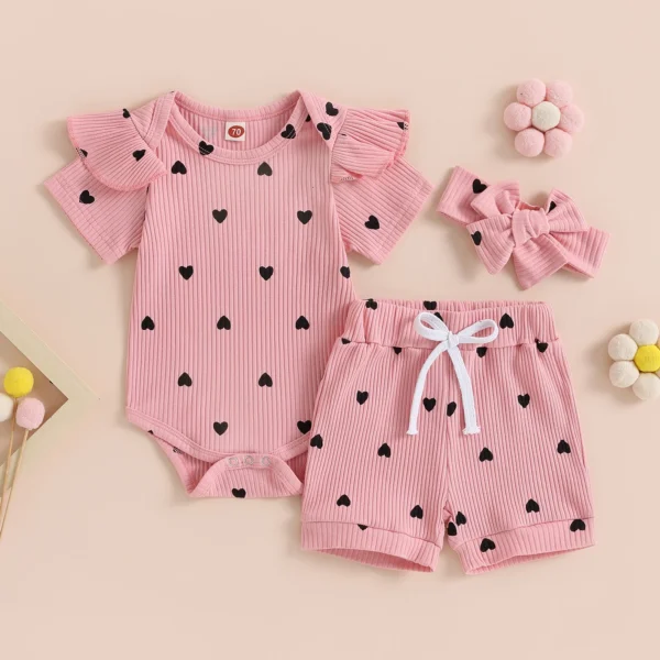 Pudcoco Infant Baby Girl Summer Outfit Heart Rib Knit Short Fly Sleeve Romper Elastic Waist Shorts Headband 3Pcs Clothes 0-18M - Image 2