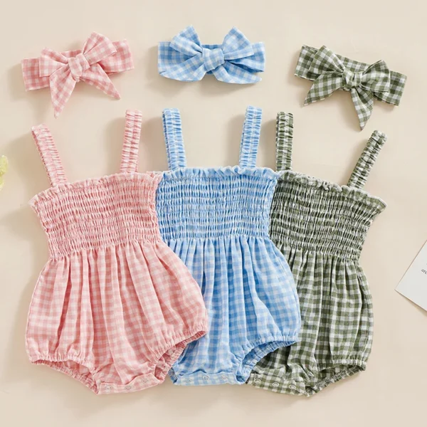 Infant Baby Girl Romper Clothes Ruched Casual Sleeveless Newborn Bodysuit with Headband Summer Jumpsuit Cute Toddler Outfit Suit - Image 6