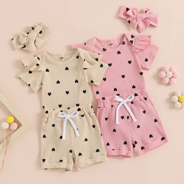 Pudcoco Infant Baby Girl Summer Outfit Heart Rib Knit Short Fly Sleeve Romper Elastic Waist Shorts Headband 3Pcs Clothes 0-18M