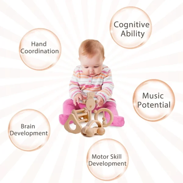 1pc Baby Toy Beech Bear Hand Teething Baby Rattles Wood Ring Cartoon Car Play Gym Montessori Stroller Toy Educational Toys - Image 3