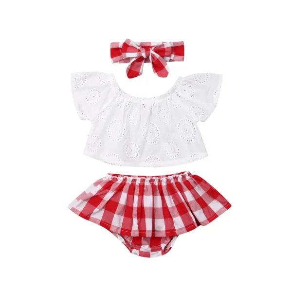 Lioraitiin 3Pcs Set 0-24M Newborn Baby Girl Clothes Cute Summer Off Shoulder Lace Tops+ Red Plaid Short Dress Headband Outfit - Image 5