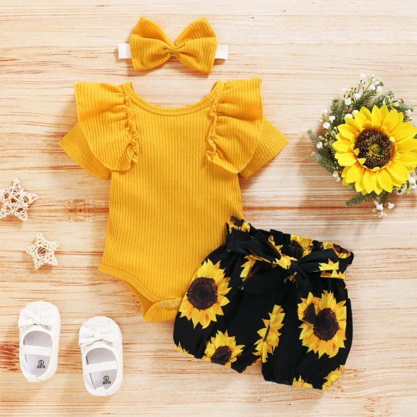 Lioraitiin 0-24M Newborn Infant Baby Girl Clothing Set Short Sleeve Yellow Solid Romper Top Sumflower Printed Shorts 3Pcs Outfit - Image 2