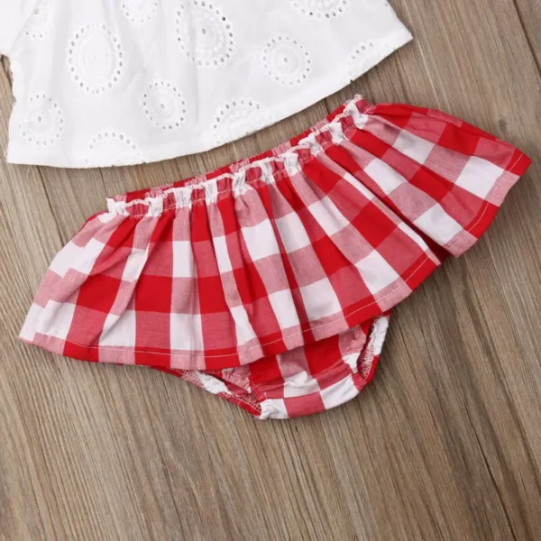 Lioraitiin 3Pcs Set 0-24M Newborn Baby Girl Clothes Cute Summer Off Shoulder Lace Tops+ Red Plaid Short Dress Headband Outfit - Image 4