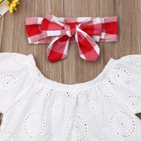 Lioraitiin 3Pcs Set 0-24M Newborn Baby Girl Clothes Cute Summer Off Shoulder Lace Tops+ Red Plaid Short Dress Headband Outfit - Image 3