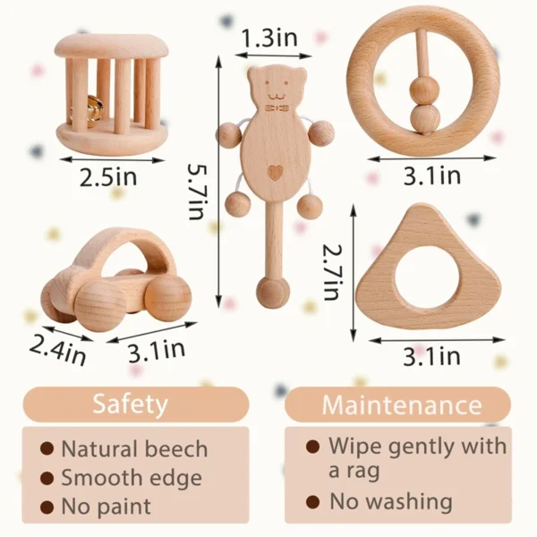 1pc Baby Toy Beech Bear Hand Teething Baby Rattles Wood Ring Cartoon Car Play Gym Montessori Stroller Toy Educational Toys - Image 2