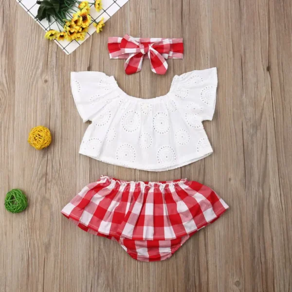 Lioraitiin 3Pcs Set 0-24M Newborn Baby Girl Clothes Cute Summer Off Shoulder Lace Tops+ Red Plaid Short Dress Headband Outfit - Image 2