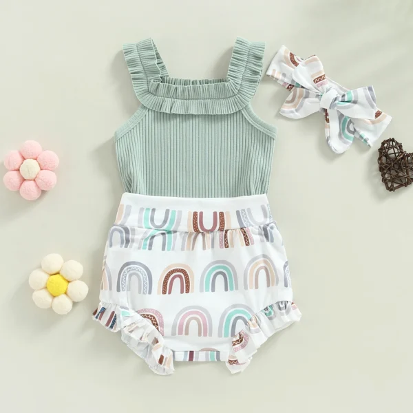 Infant Newborn Baby Girls Shorts Set, Sleeveless Romper + Flower/Rainbow/Butterfly Print Shorts + Hairband 3Pcs Set 0-18M - Image 4