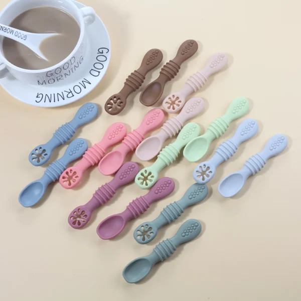 2PCS Cute Baby Learning Spoons Utensils Set Food Grade Silicone Sticky Spoon Children Cutlery Training Spoon Feeding Tableware - Image 3