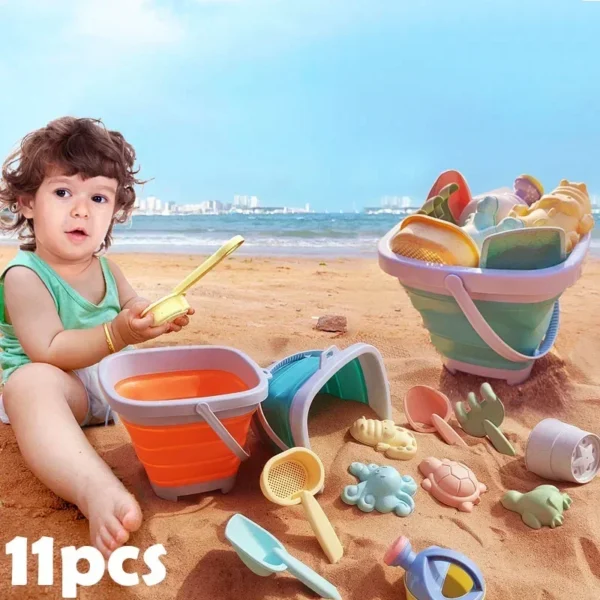 11 PCS Beach Sand Play Water Set Folding Bucket Summer Toys for Children Kids Outdoor Game Sandbox Accessories Color Random - Image 2