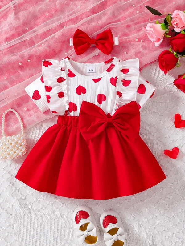 Baby girl spring and summer love pit stripe full print round neck ruffle edge design short sleeved fake two-piece waist and side