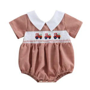 Pudcoco Baby Girls Summer Romper Casual Tractor Embroidery Doll Collar Short Sleeve Newborn Jumpsuit for Toddler Cute Clothes