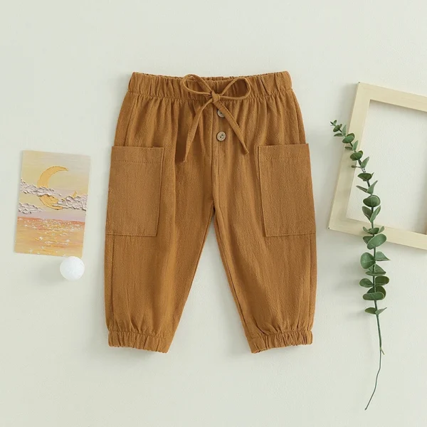 Cotton Linen Casual Baby Pants Toddler Boys Girls Casual Bottom Summer Autumn Solid Drawstring Button Children Pockets Trousers - Image 4