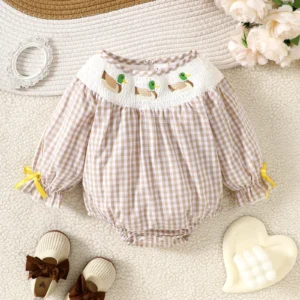 Infant Girls Clothes 0 - 2 Y Baby Girls Romper with Duck Embroidery and Gingham Pattern with Cute and Comfortable