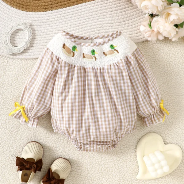 Infant Girls Clothes 0 - 2 Y Baby Girls Romper with Duck Embroidery and Gingham Pattern with Cute and Comfortable