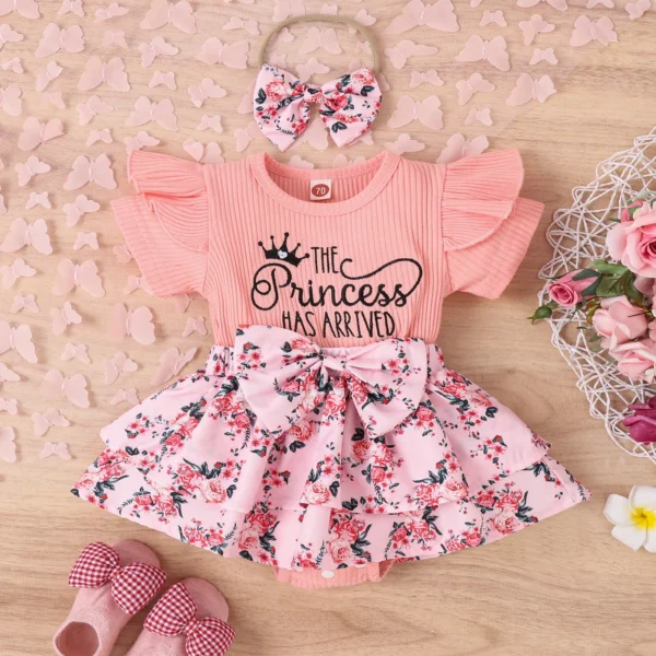 Infant Newborn Baby Girl Summer Romper, Short Sleeve Round Neck Bow Front Patchwork Skirt Bodysuit - Image 6