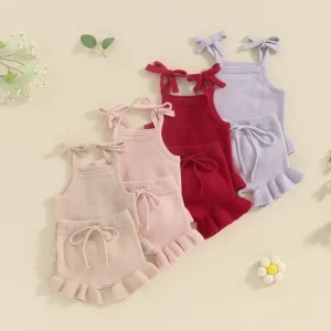 2024-01-15 Lioraitiin Newborn Baby Girl Outfits Knit Solid Color Sleeveless Cami Tops with Elastic Waist Shorts 2Pcs Clothes Set