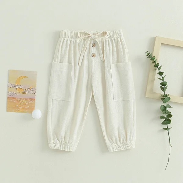 Cotton Linen Casual Baby Pants Toddler Boys Girls Casual Bottom Summer Autumn Solid Drawstring Button Children Pockets Trousers - Image 2