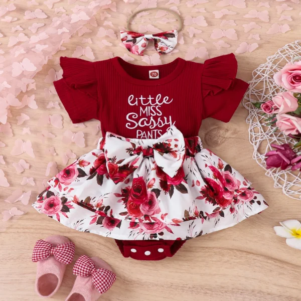 Infant Newborn Baby Girl Summer Romper, Short Sleeve Round Neck Bow Front Patchwork Skirt Bodysuit - Image 2