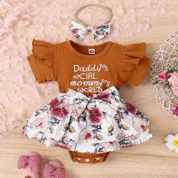 Infant Newborn Baby Girl Summer Romper, Short Sleeve Round Neck Bow Front Patchwork Skirt Bodysuit - Image 3