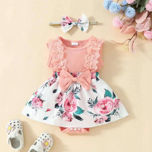 3 6 9 18M Summer Bodysuits For Newborn Girls Rib Bowknot Floral Print Jumpsuit Romper Dress Princess Infant Baby Girl Clothes - Image 2