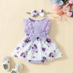 3 6 9 18M Summer Bodysuits For Newborn Girls Rib Bowknot Floral Print Jumpsuit Romper Dress Princess Infant Baby Girl Clothes