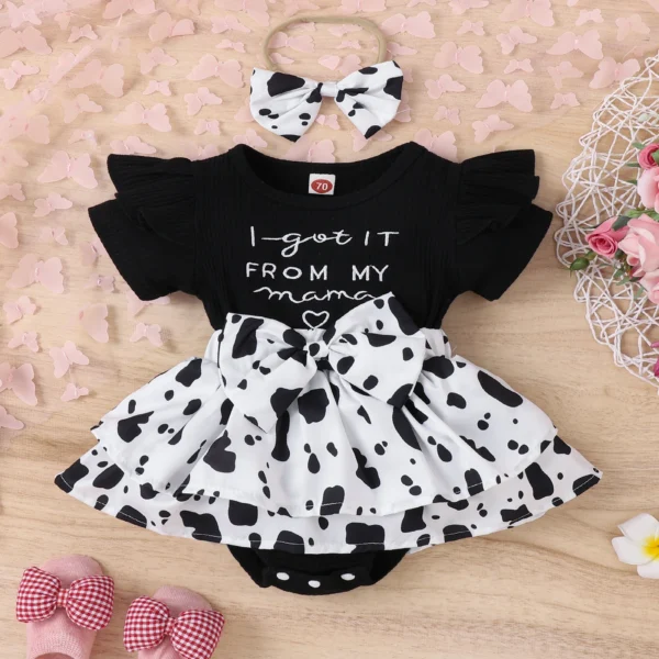 Infant Newborn Baby Girl Summer Romper, Short Sleeve Round Neck Bow Front Patchwork Skirt Bodysuit - Image 5