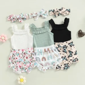 Infant Newborn Baby Girls Shorts Set, Sleeveless Romper + Flower/Rainbow/Butterfly Print Shorts + Hairband 3Pcs Set 0-18M