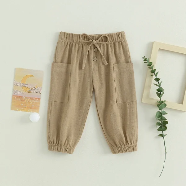 Cotton Linen Casual Baby Pants Toddler Boys Girls Casual Bottom Summer Autumn Solid Drawstring Button Children Pockets Trousers - Image 3