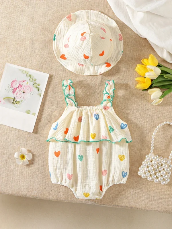 Summer Suspenders Bodysuit for Baby Girls 0-2Y Heart Printed One Piece Infant Clothes Toddler Sleeveless Jumpsuit with Hat - Image 2