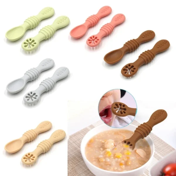 2PCS Cute Baby Learning Spoons Utensils Set Food Grade Silicone Sticky Spoon Children Cutlery Training Spoon Feeding Tableware - Image 5