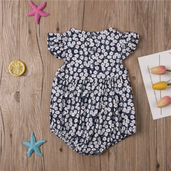 0-24months Baby Girls Summer Romper Floral Ruffle Sleeve Classical Round Back Button Bodysuit For Infant Girls - Image 4