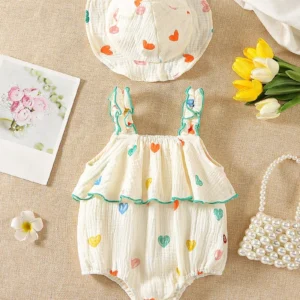 Summer Suspenders Bodysuit for Baby Girls 0-2Y Heart Printed One Piece Infant Clothes Toddler Sleeveless Jumpsuit with Hat