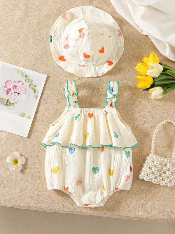 Summer Suspenders Bodysuit for Baby Girls 0-2Y Heart Printed One Piece Infant Clothes Toddler Sleeveless Jumpsuit with Hat