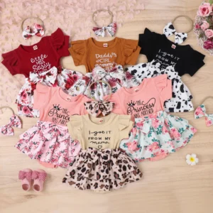 Infant Newborn Baby Girl Summer Romper, Short Sleeve Round Neck Bow Front Patchwork Skirt Bodysuit