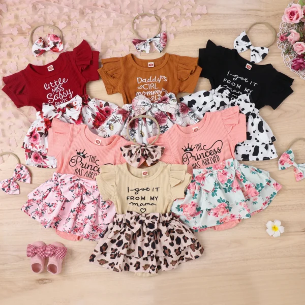 Infant Newborn Baby Girl Summer Romper, Short Sleeve Round Neck Bow Front Patchwork Skirt Bodysuit