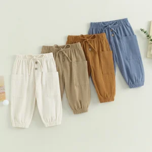 Cotton Linen Casual Baby Pants Toddler Boys Girls Casual Bottom Summer Autumn Solid Drawstring Button Children Pockets Trousers