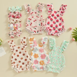 Citgeett Summer Infant Baby Girls Bodysuit and Headband Flower Print Fly Sleeve Jumpsuit Casual Clothes