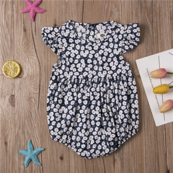 0-24months Baby Girls Summer Romper Floral Ruffle Sleeve Classical Round Back Button Bodysuit For Infant Girls - Image 3
