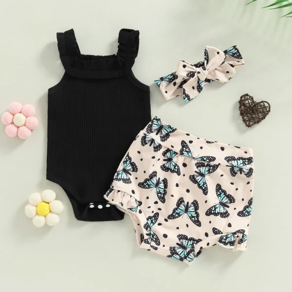Infant Newborn Baby Girls Shorts Set, Sleeveless Romper + Flower/Rainbow/Butterfly Print Shorts + Hairband 3Pcs Set 0-18M - Image 2