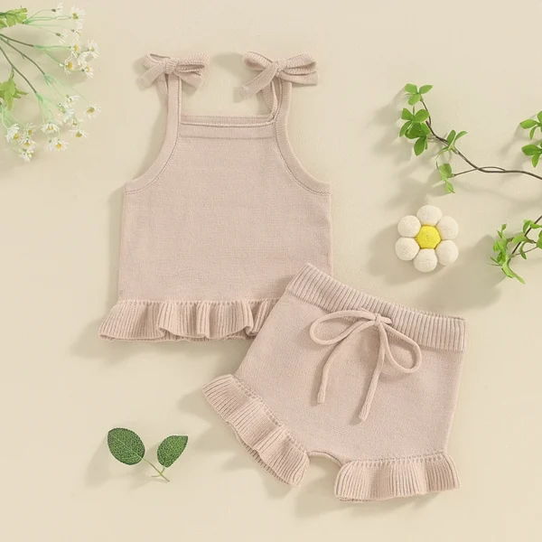 2024-01-15 Lioraitiin Newborn Baby Girl Outfits Knit Solid Color Sleeveless Cami Tops with Elastic Waist Shorts 2Pcs Clothes Set - Image 2