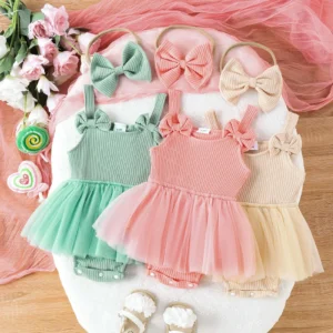 3 6 9 12 18M Lovely Infant Baby Girls Cute Romper Dress Solid Color 2pcs Sleeveless Strap Bowknot Mesh Tulle Patchwork Jumpsuits