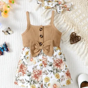 Newborn Baby Girl Simple Casual Printed Bow Suspender Headband Jumpsuit Shorts Two-piece Set
