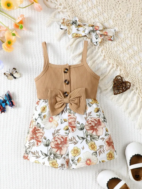 Newborn Baby Girl Simple Casual Printed Bow Suspender Headband Jumpsuit Shorts Two-piece Set