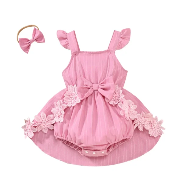 Pudcoco Infant Baby Girl Summer Outfits Ruffle Sleeveless Square Neck Bow Front Romper with Headband Set Newborn Clothes 0-18M