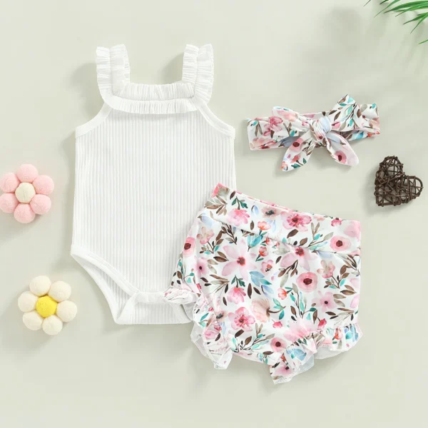 Infant Newborn Baby Girls Shorts Set, Sleeveless Romper + Flower/Rainbow/Butterfly Print Shorts + Hairband 3Pcs Set 0-18M - Image 5